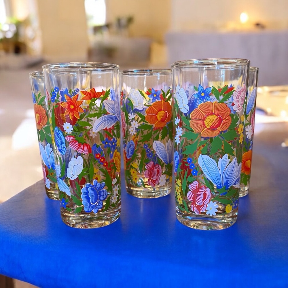 Set of 5 Colorful Floral Glass Tumblers Set Reims France. - Picture 2 of 6